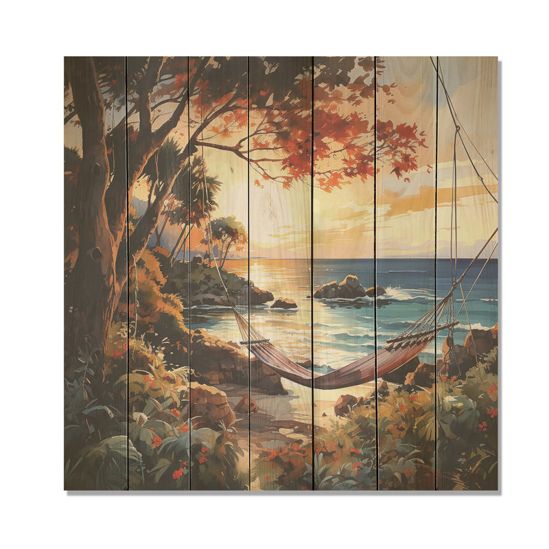 Coucher de soleil hamac près de la plage I - Tropical côtier sur bois, H 36 po x l 36 po