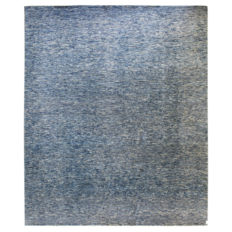 Tapis bleu en laine noué à la main de conception unique 11 pi 11 po x 14 pi Illusion