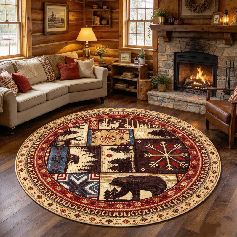 Round Cabin Brown Bear Non-slip Washable Area Rug, Round 5'