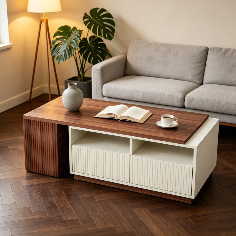 Cette table basse présente une conception extensible, est dotée de deux tiroirs et peut être retournée pour une utilisation double face