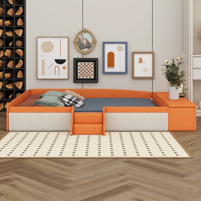 Velvet Upholstered Daybed With Stairs & Gas Lift Storage Ottoman, Contrast Color, Padded Guardrails