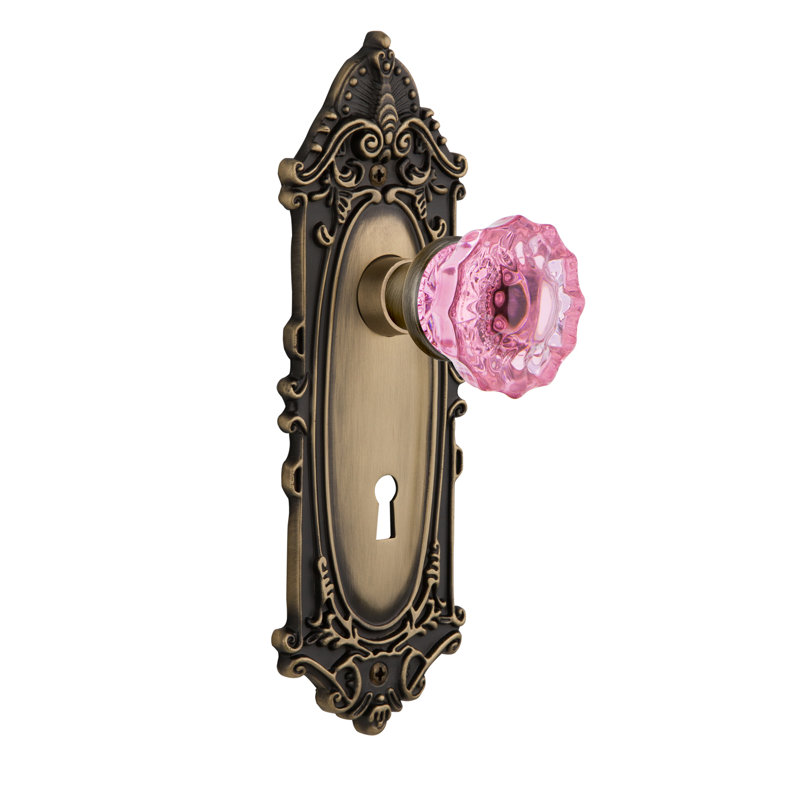 Victorian Plate with Decorative Keyhole and Crystal Pink Door Knob, Antique Brass, 2 3/4