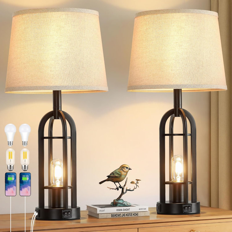 Black Metal Farmhouse Table Lamps Set with Linen Shades and USB Ports