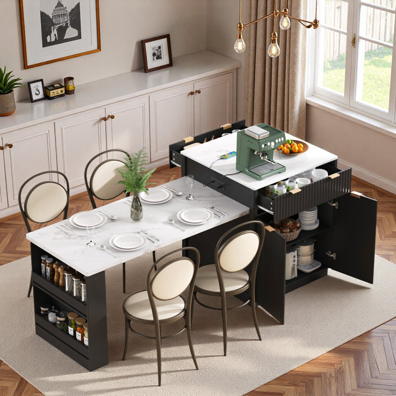 Îlot de cuisine cannelé avec table de salle à manger extensible, prise de courant, rangement double, 2 tiroirs et 2 tablettes ouvertes latérales