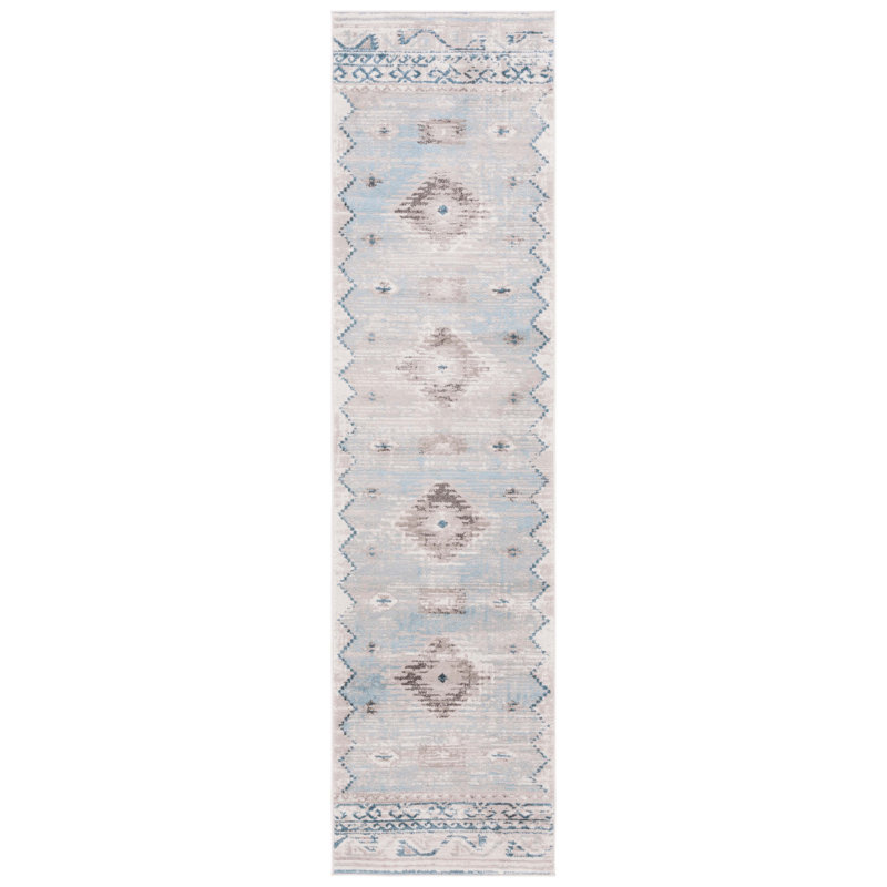 Tapis bleu / ivoire en polypropylène tissé à la machine Khi, Tapis de couloir 2 pi 2 po x 8 pi