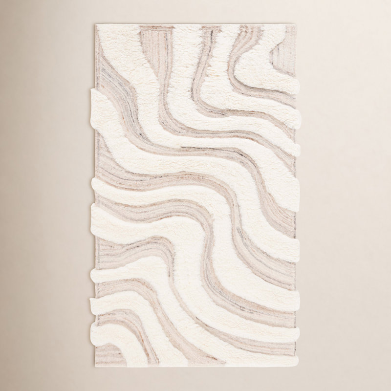 Tapis abstrait en laine fait à la main beige / ivoire Bowning, Rectangle 8 pi x 10 pi