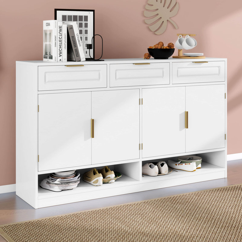 Buffet 59,1 po avec 3 tiroirs et 4 portes, armoire de rangement avec tablette réglable et compartiments ouverts, Blanc