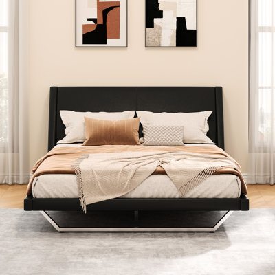 Queen Size Bed, Black Pu, Wave - Curve Design, Shaped Support, Stable And Elegant, Silent Slats Quiet, Simple Cleaning