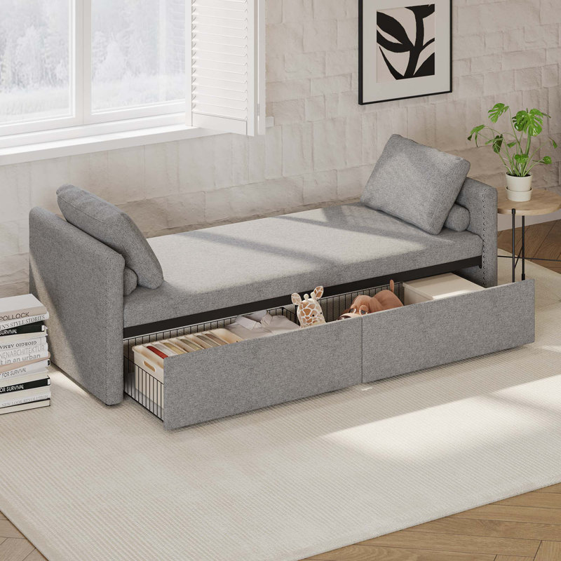 Lit de jour simple rembourré moderne avec 2 tiroirs, chaise de salon, chaise de lecture, Gris
