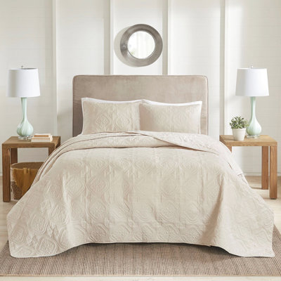 Grand couvre-lit réversible 3 pièces crème, motif élégant, drapé surdimensionné, 2 taies décoratives, lavable pour un médaillon séduisant, mieux