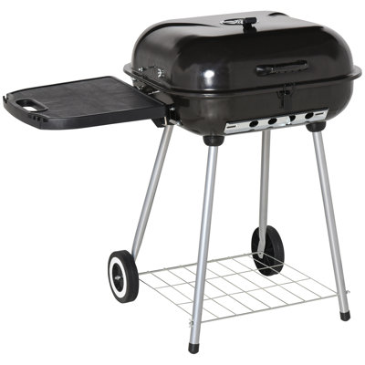 Black Portable Charcoal Bbq Grill, Anti-scald Handle, Warming Grate And Ash Catcher, Mobile Wheel Design With Lower Shelf, Compact Outdoor Cooking Equipment For Garden Yard Camping Trip