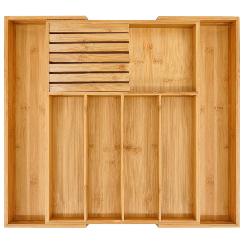 Organisateur de tiroir en argent en bambou, organisateur à ustensiles extensible avec porte-couteaux, plateau à couverts avec séparateur, organisateur de tiroir multifonctionnel en bois