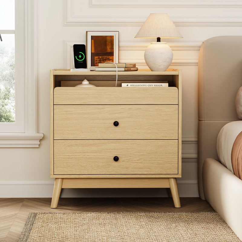 3 - Drawer Nightstand, 24“ W Wood Bedside Table With Built-In Outlets And Solid Wood Legs, Ntuatral Wood, Individual
