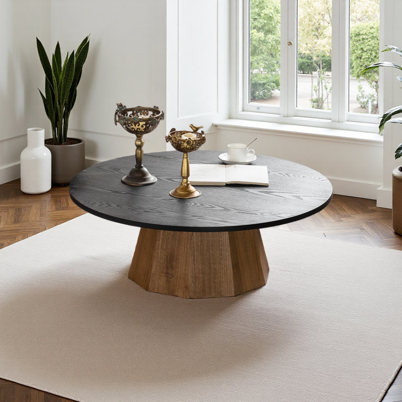 Table basse ronde en bois à piédestal robuste pour salon facile à assembler, H 12,4 po x L 35,04 po x l 35,04 po