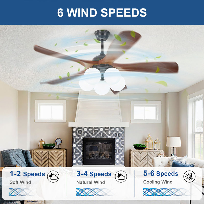 Ventilateur de plafond moderne à 5 pales de 46 po en noyer avec lumière 5 * E26 (sans ampoule), télécommande, débit d'air réversible à 6 vitesses, réglable en hauteur, silencieux pour le salon de la chambre à coucher