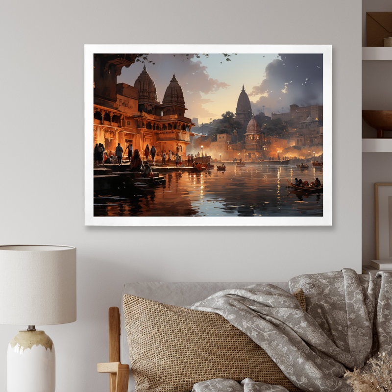 Art indien indien beige et gris, art mural indien, H 34 po x l 44 po x P 1,5 po, Cadre simple blanc