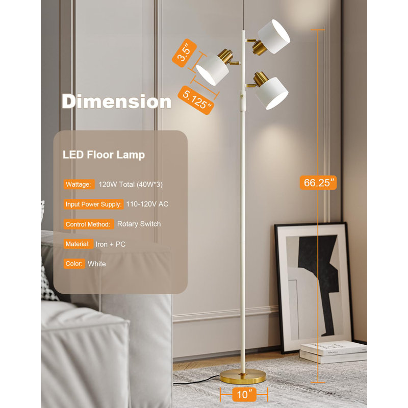 Tall Modern Industrial Vintage Standing Corner Lamps LED Metal Light Office Bedroom Study Gold Black White Matte Accent (3-Light, White)