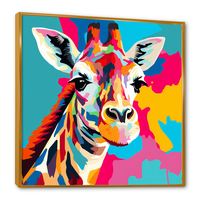 Portrait de girafe coloré Pop Art I - girafe, Cadre flottant doré, H 30 po x l 30 po