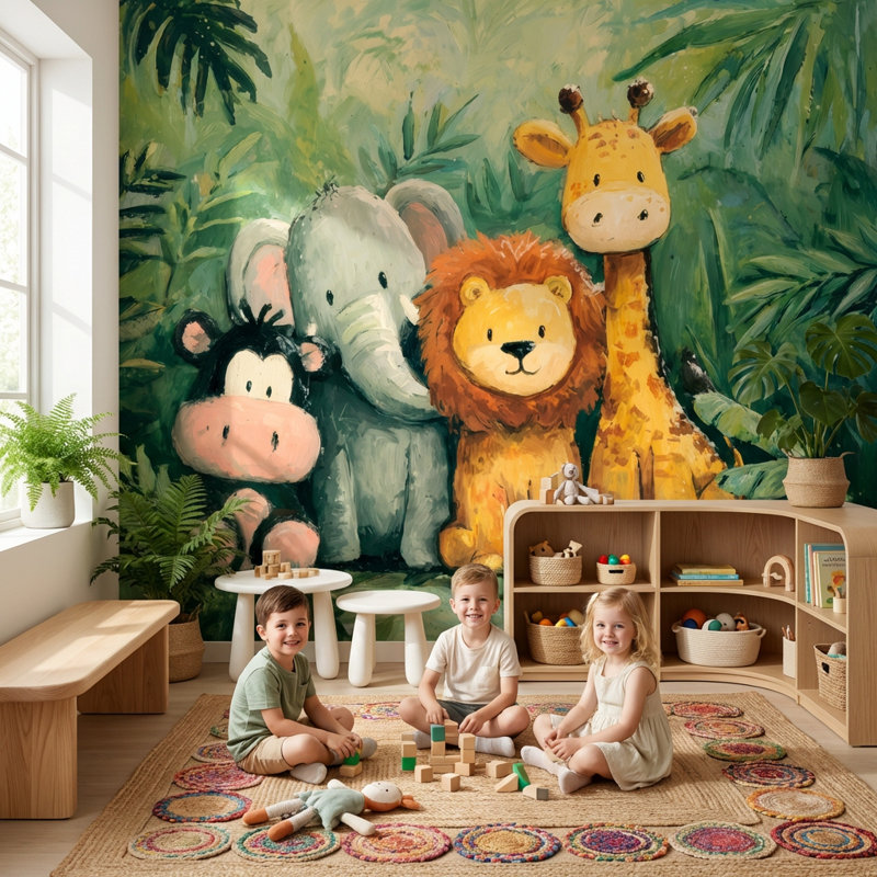 Papier peint animaux verts Jungle, 160 po x 108 po, Non tissé