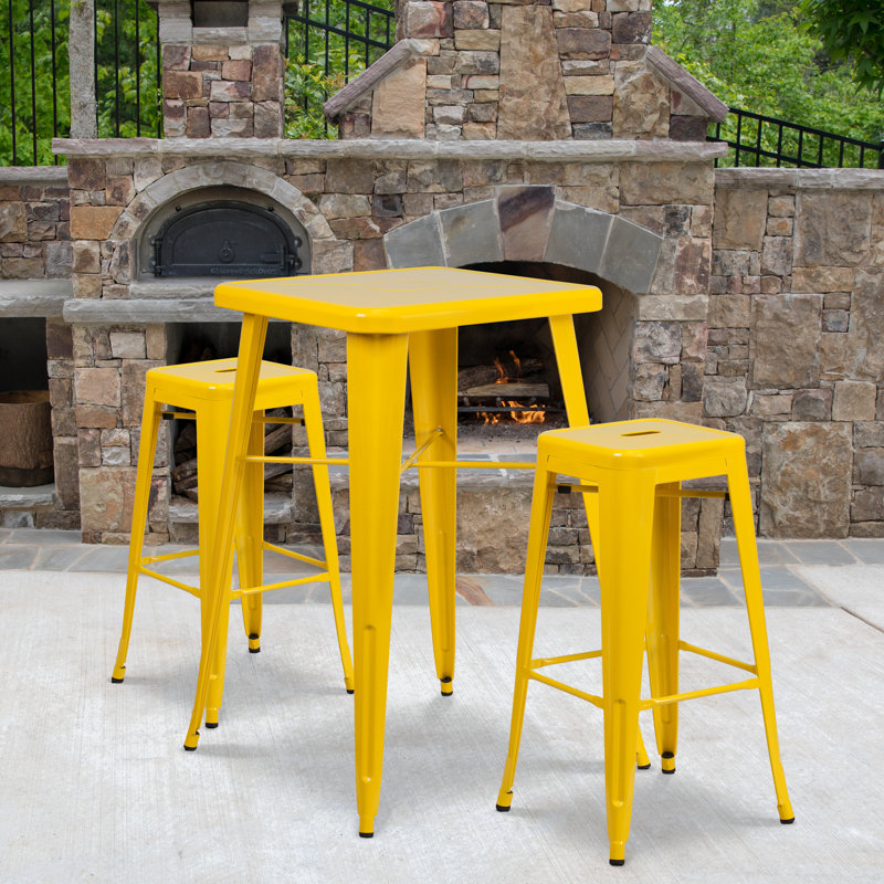 Gyeong 23.75'' Square Metal Indoor-Outdoor Bar Table Set with 2 Square Seat Stools, Yellow