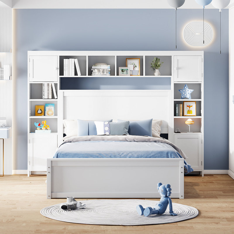 Wooden Bed With All-In-One Cabinet, Shelf And Sockets,Twin Size Trundle,, Full, White