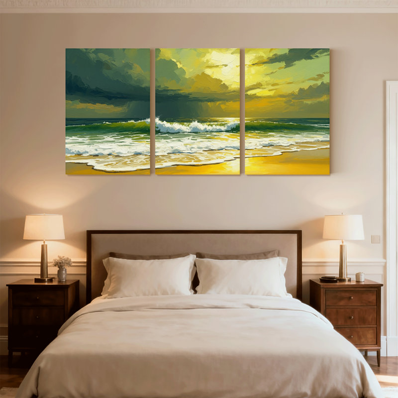 Nautique et plage coucher de soleil océan vagues plage ciel nuages dorés ensemble de 3 impressions d'art sur toile