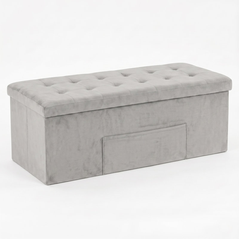 Winningham 42" Tufted Upholstered Folding Storage Bench With Pocket, Light Gray