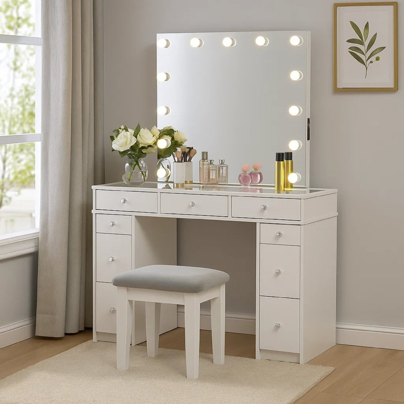 Margo Vanity Set With Lighted Mirror And Padded Stool, White-Gray