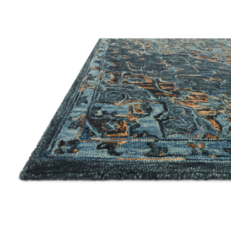 Tapis bleu sarcelle / doré en laine crocheté à la main Eduarda, Rectangle 5 pi x 7 pi 6 po