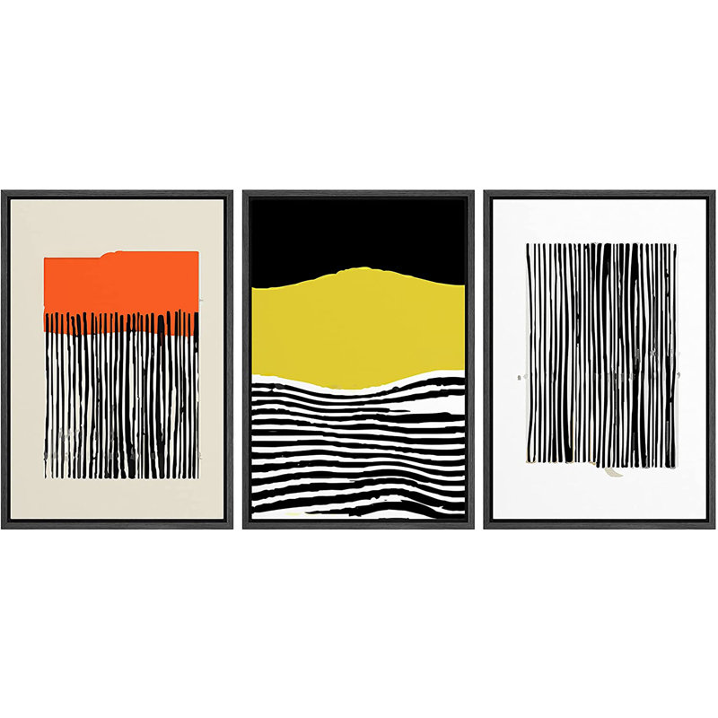 Abstrait abstrait aux couleurs vives, art au trait noir / jaune, art boho encadré 3 pièces, Toile encadrée noire