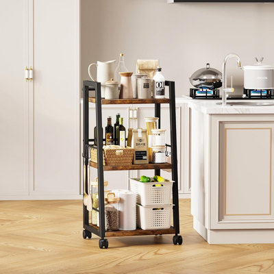 3-Tier Rolling Kitchen Storage Cart With Lockable Wheels And Hooks, Mobile Utility Organizer Rack For Small Spaces, Kitchen And Living Room Bar Cart (Rustic)