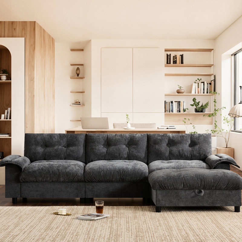 Canapé modulaire à 4 places en chenille gris foncé, taille 104 x 60 po, avec accoudoirs coulissants multifonctionnels, recharge, poches latérales et rangement amovible pour le tournage de films à la maison