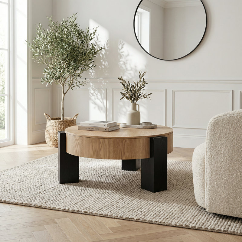 Table basse ronde avec rangement caché et plateau géométrique en bois, conception robuste à trois pieds pour les salons modernes et les petits espaces