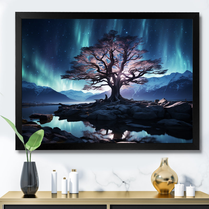 «Blue and Pink Tree In Northern Lights II», art mural arbre, Cadre d'angle fermé noir, H 12 po x l 20 po x P 1 po