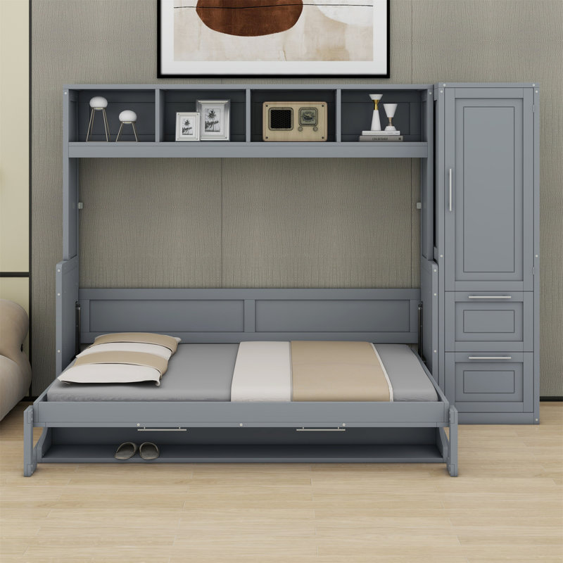 Lit escamotable avec placard et tiroirs Murphy, Gris, Double