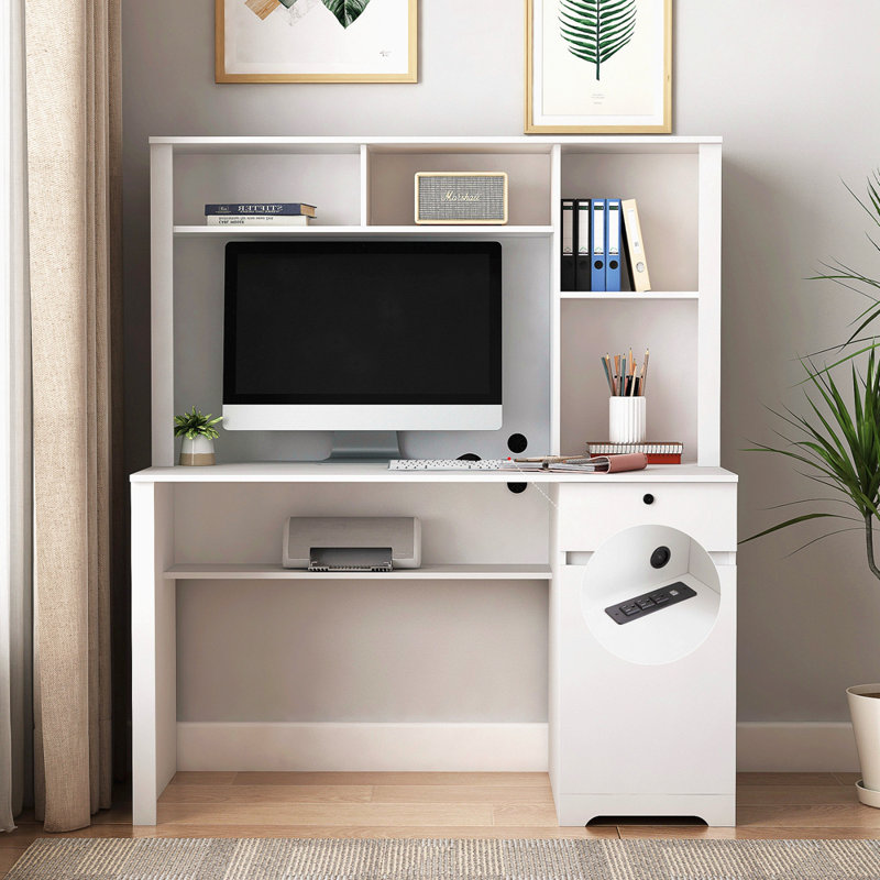 Bureau d'ordinateur avec huche et bibliothèque, bureau de direction en bois pour adolescents, bureau d'écriture pour ordinateur portable avec tiroirs, 3 prises CA et 2 ports de charge USB, table d'ordinateur portable pour la maison