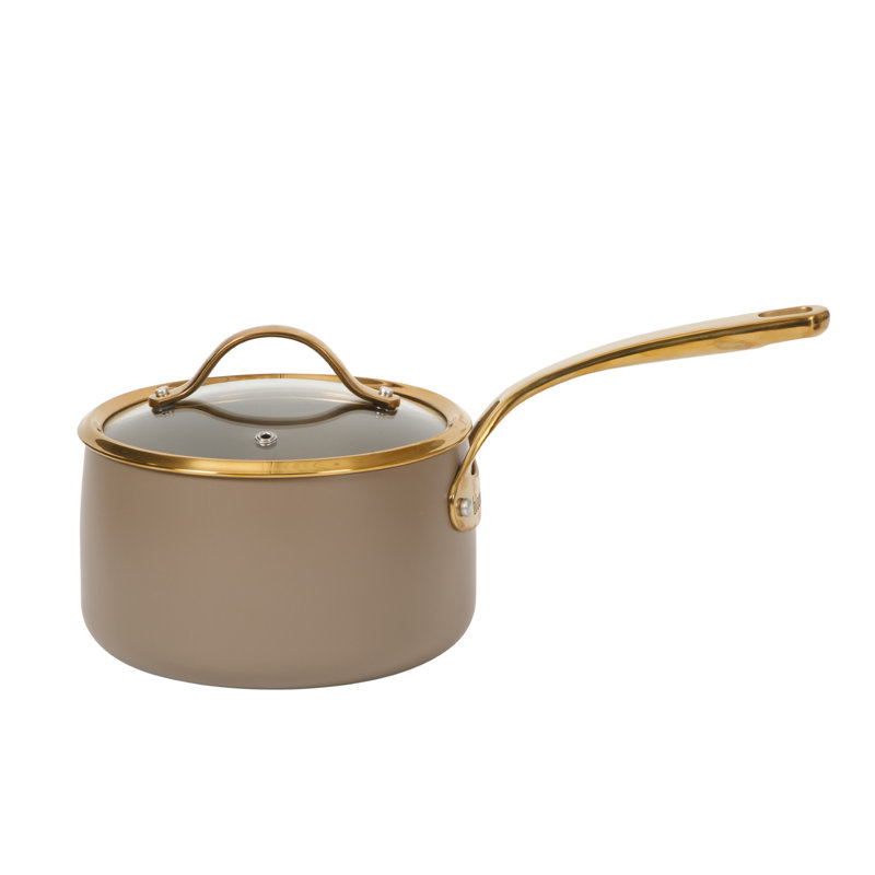 Bloomhouse 8 Piece Pots and Pans Heavy Duty Aluminum Premium PFA Free Ceramic Nonstick Dutch Oven Pot with Lid - Linen White with Gold Handle