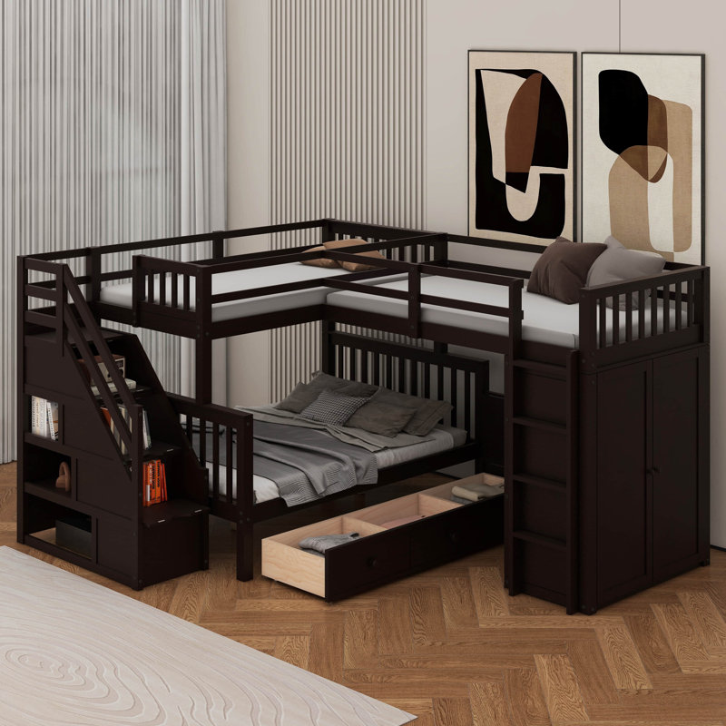 Lit superposé simple au-dessus d'un lit double en L avec bureau, tiroirs et garde-robe, Espresso