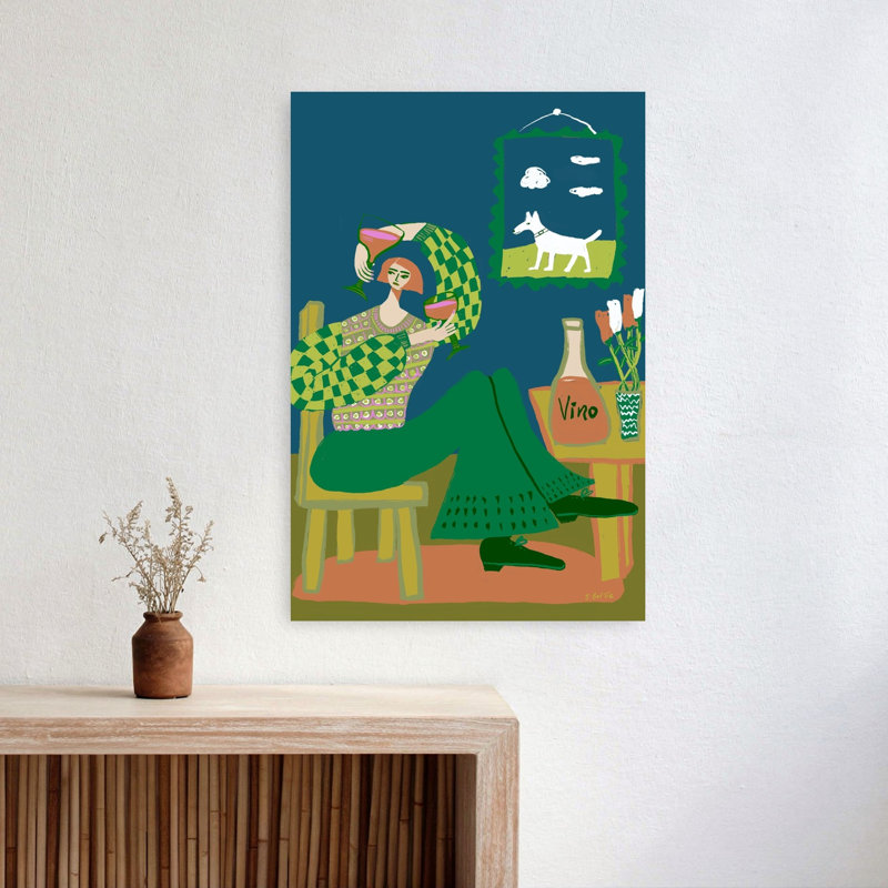 Cozy femme buvant du vin «Bold Colorful Modern Dog Architecture», reproduction d'art murale, 24" H x 16" W