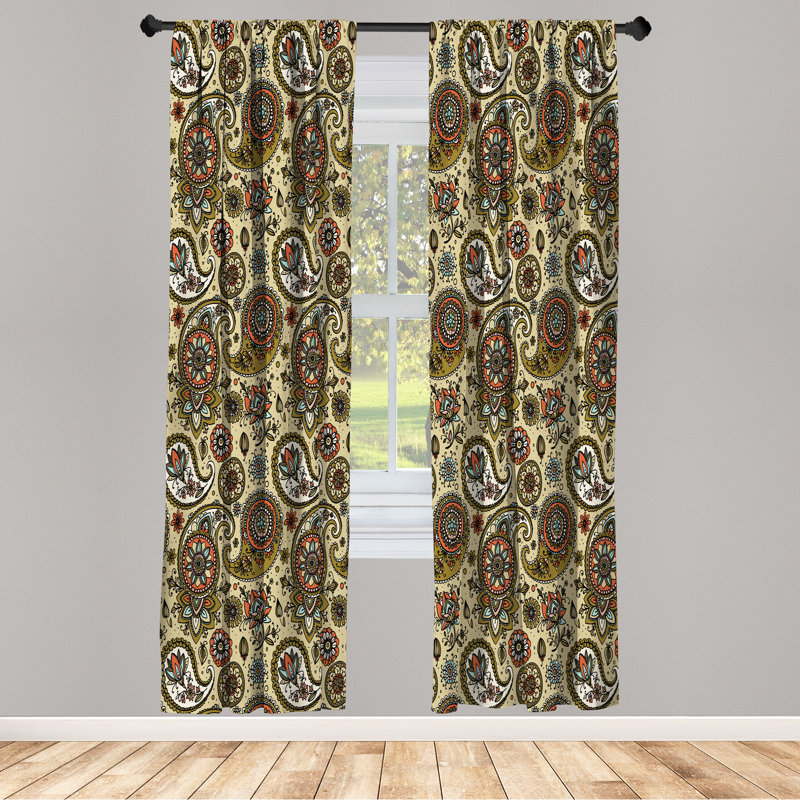 Ebern Designs Paisley Curtains, Vintage Leaf Flower Motif, Pair of 28", 28" W x 84" L, Pale Yellow