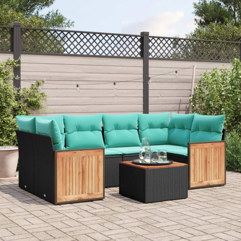  Ensemble de canapé de patio 7 pièces avec coussins en rotin de polyester noir