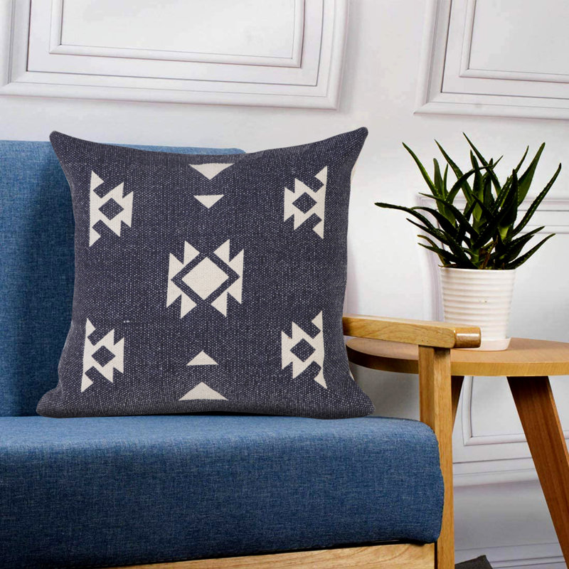 Housse de coussin décoratif contemporaine 100% coton tissé délavé à motif géométrique Contemporary