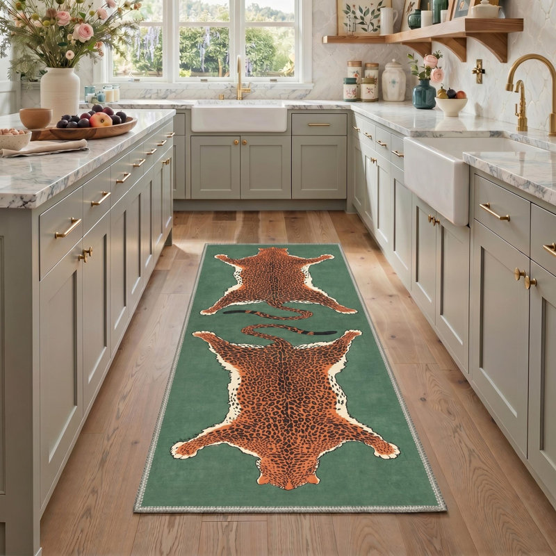 Alinda Talon Animal Print Green / Orange / Black Machine Washable Area Rug, Runner 2'6" x 8', Green / Orange / Black