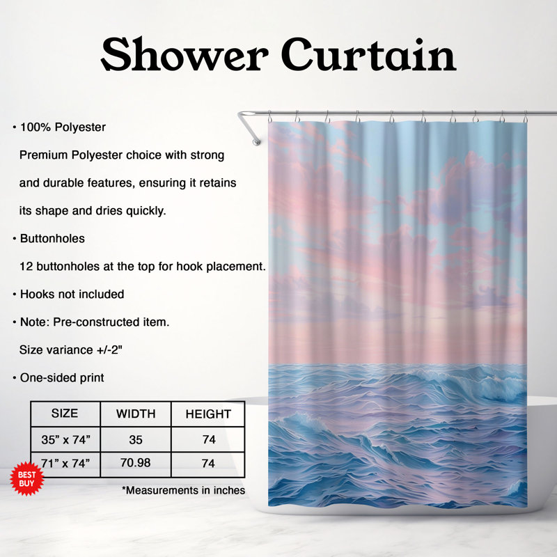 Pastel Ocean Horizons - 1 Piece Standard Shower Curtain, 74"H x 71"W