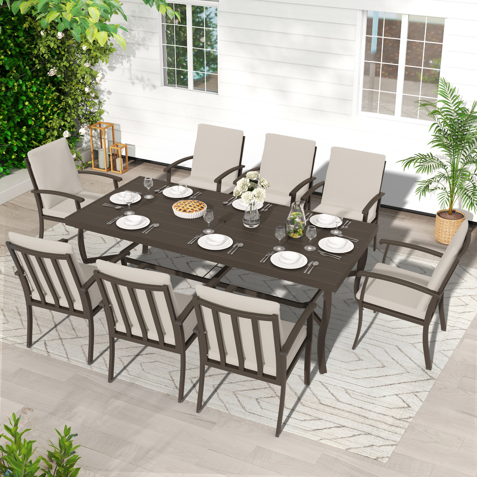 Willesden Rectangular Aluminum Dining Set with Cushions, Dark Brown, 8