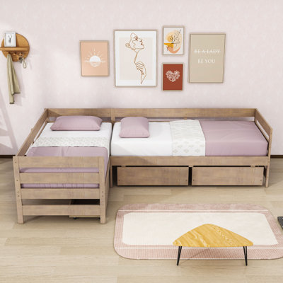 Twin L-shaped Platform Bed with Three Storage Drawers