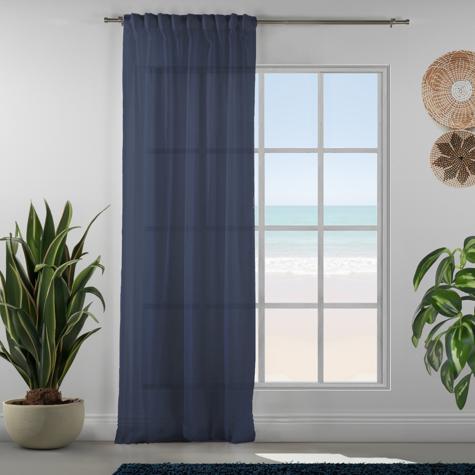 Linen Sheer Single Curtain Panel, 52" W x 108" L, Navy