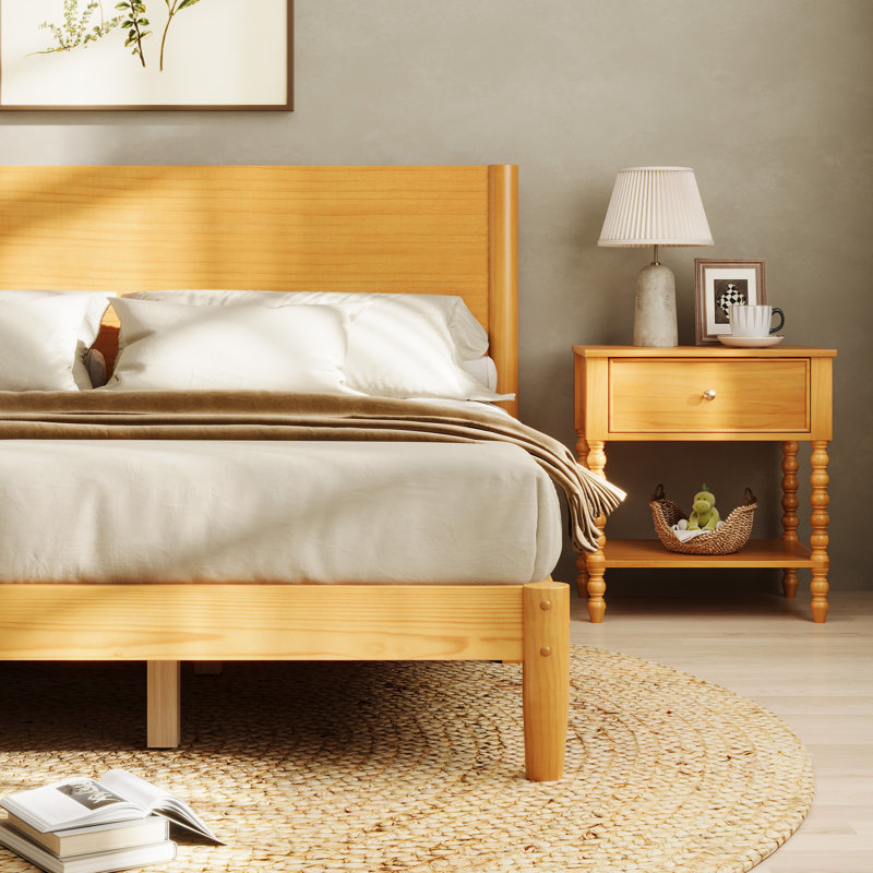 Grand lit plateforme en bois de pin massif de style Mid-Century, naturel, Grand lit, Naturel