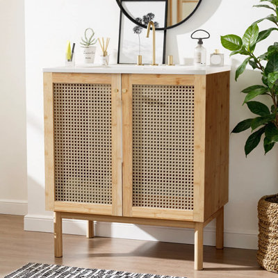 Meuble-lavabo en bambou tissé à la main de 30 pouces avec portes à fermeture en douceur et lavabo en céramique