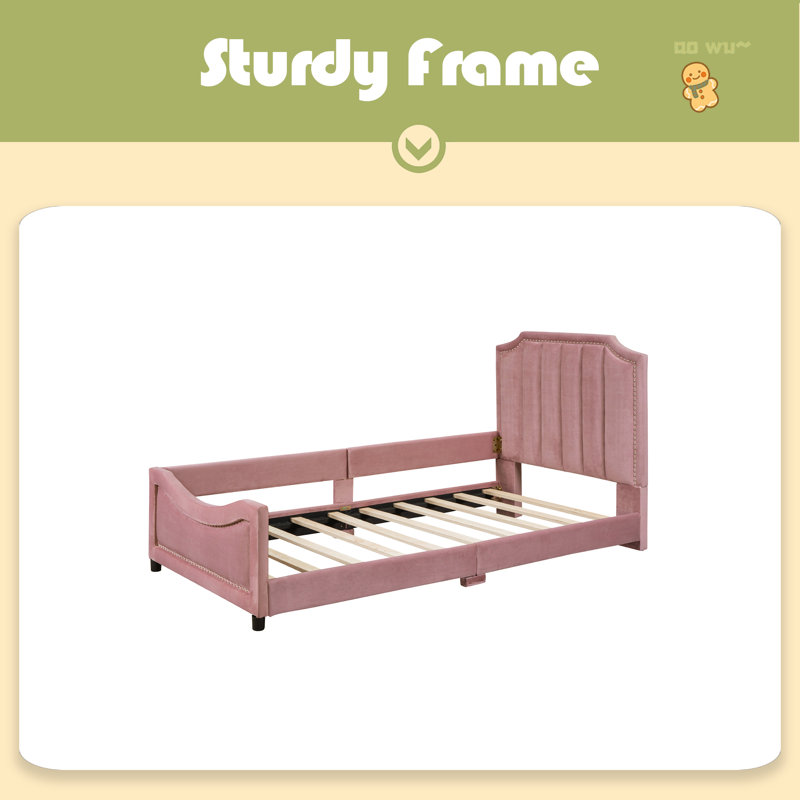 Twin Size Upholstered Daybed With Classic Stripe Shaped Headboard, Pink